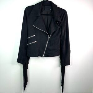 Olivaceous Black Faux Suede Fringe Moto Jacket Size Small